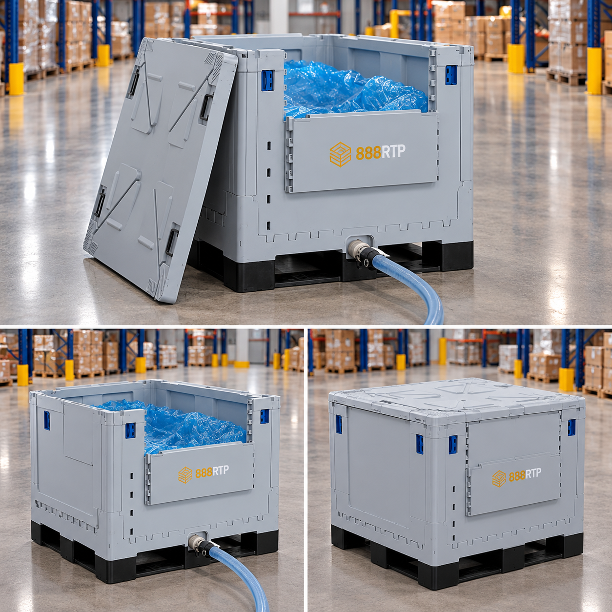 888RTP branded liquid-capable folding bulk container shown in three angles in a warehouse