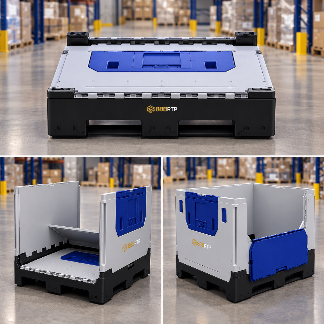 888 RTP folding large container shown collapsed and open in a warehouse setting